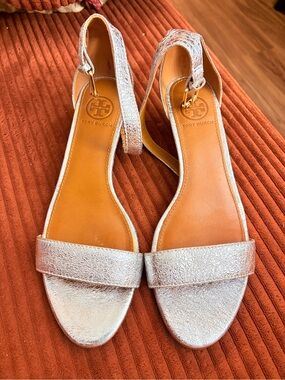 Tory Burch Metallic Silver Leather Open-Toe Slingback Sandals